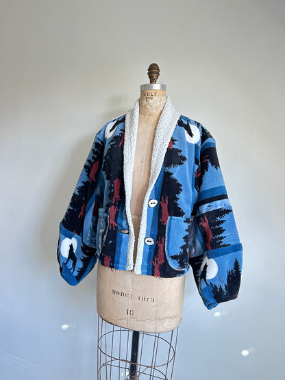 Vivianne Cropped Jacket with Upcycled Fleece Throw Blanket Wolf Size M/L #VIVFLE2