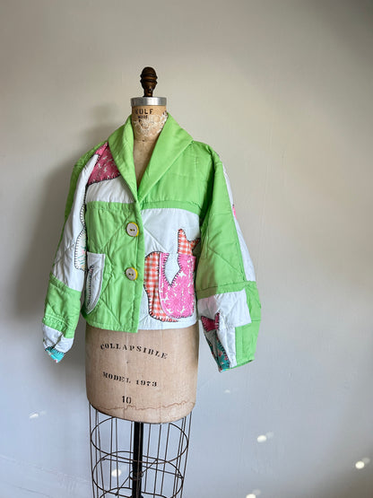 Vivianne Cropped Jacket Upcycled Vintage Handmade Cat Quilt  Size M/L #VIVQ11
