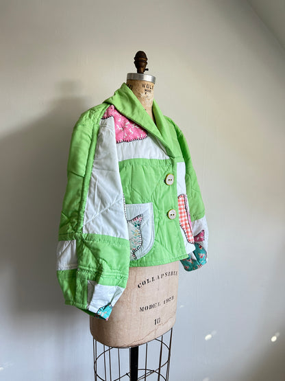 Vivianne Cropped Jacket Upcycled Vintage Handmade Cat Quilt  Size M/L #VIVQ11
