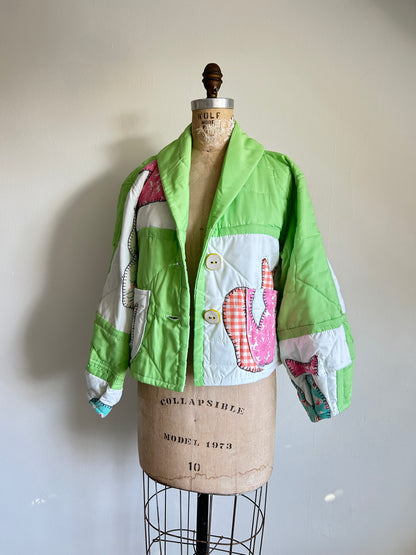 Vivianne Cropped Jacket Upcycled Vintage Handmade Cat Quilt  Size M/L #VIVQ11