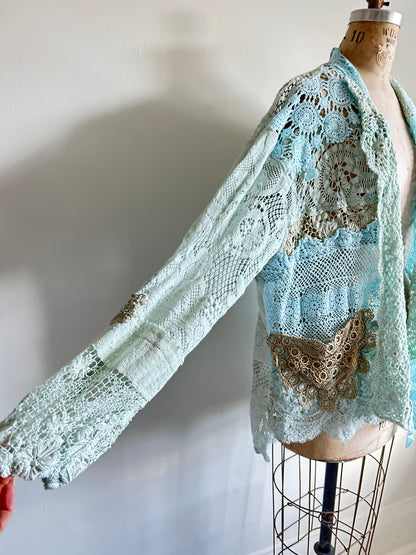 Vivianne Cropped Jacket Upcycled Cotton Crochet & vintage Lace Size 2X/3X #VIVCR4