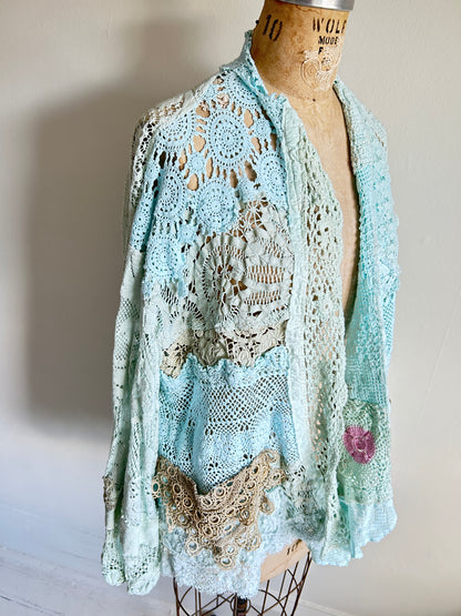 Vivianne Cropped Jacket Upcycled Cotton Crochet & vintage Lace Size 2X/3X #VIVCR4