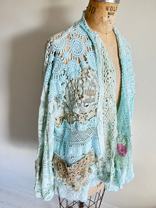 Vivianne Cropped Jacket Upcycled Cotton Crochet & vintage Lace Size 2X/3X #VIVCR4