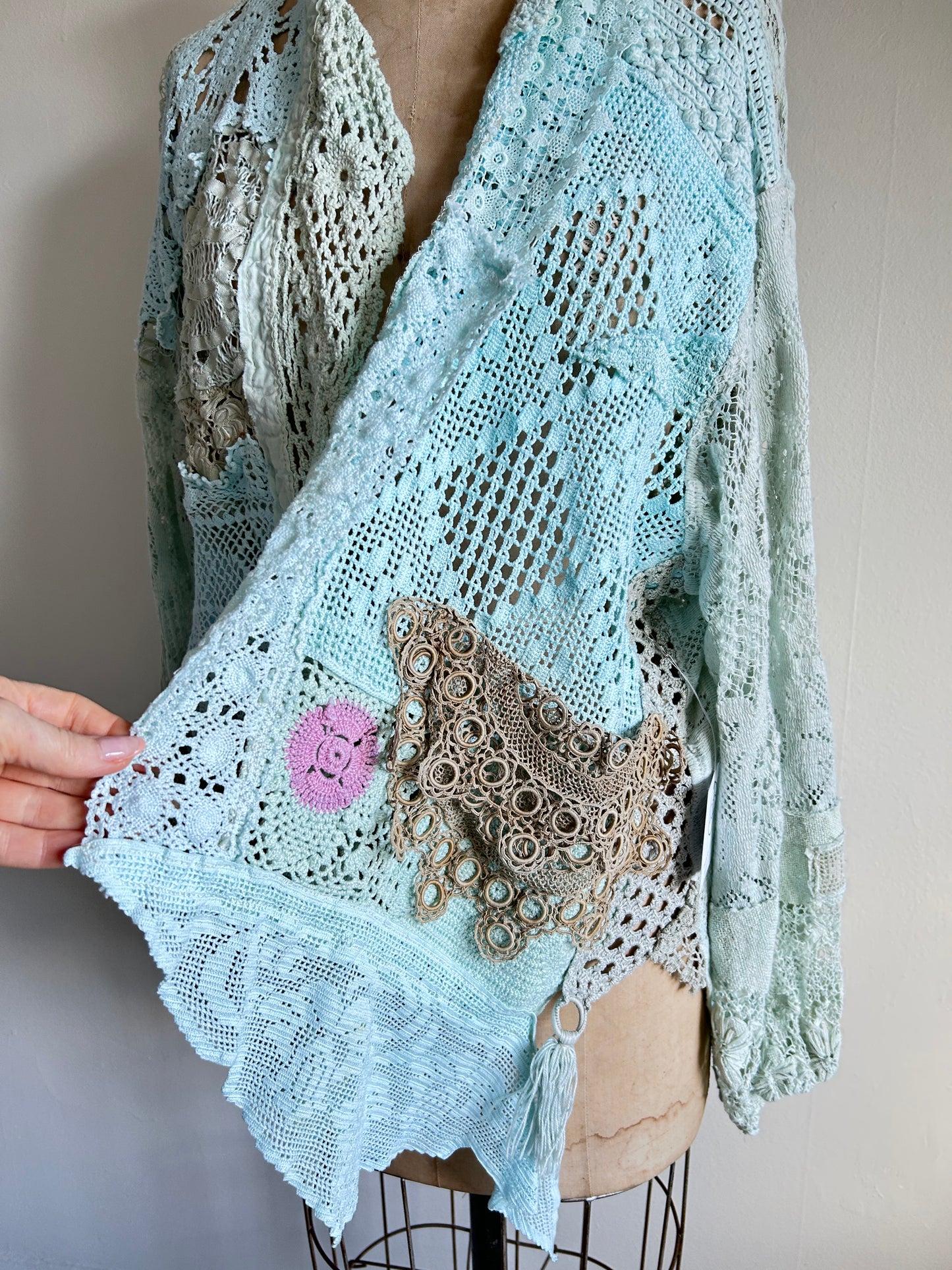 Vivianne Cropped Jacket Upcycled Cotton Crochet & vintage Lace Size 2X/3X #VIVCR4