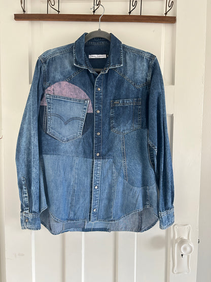 Upcycled Modern Workwear Denim Shirt - Circle Series Size M/L #DBML6