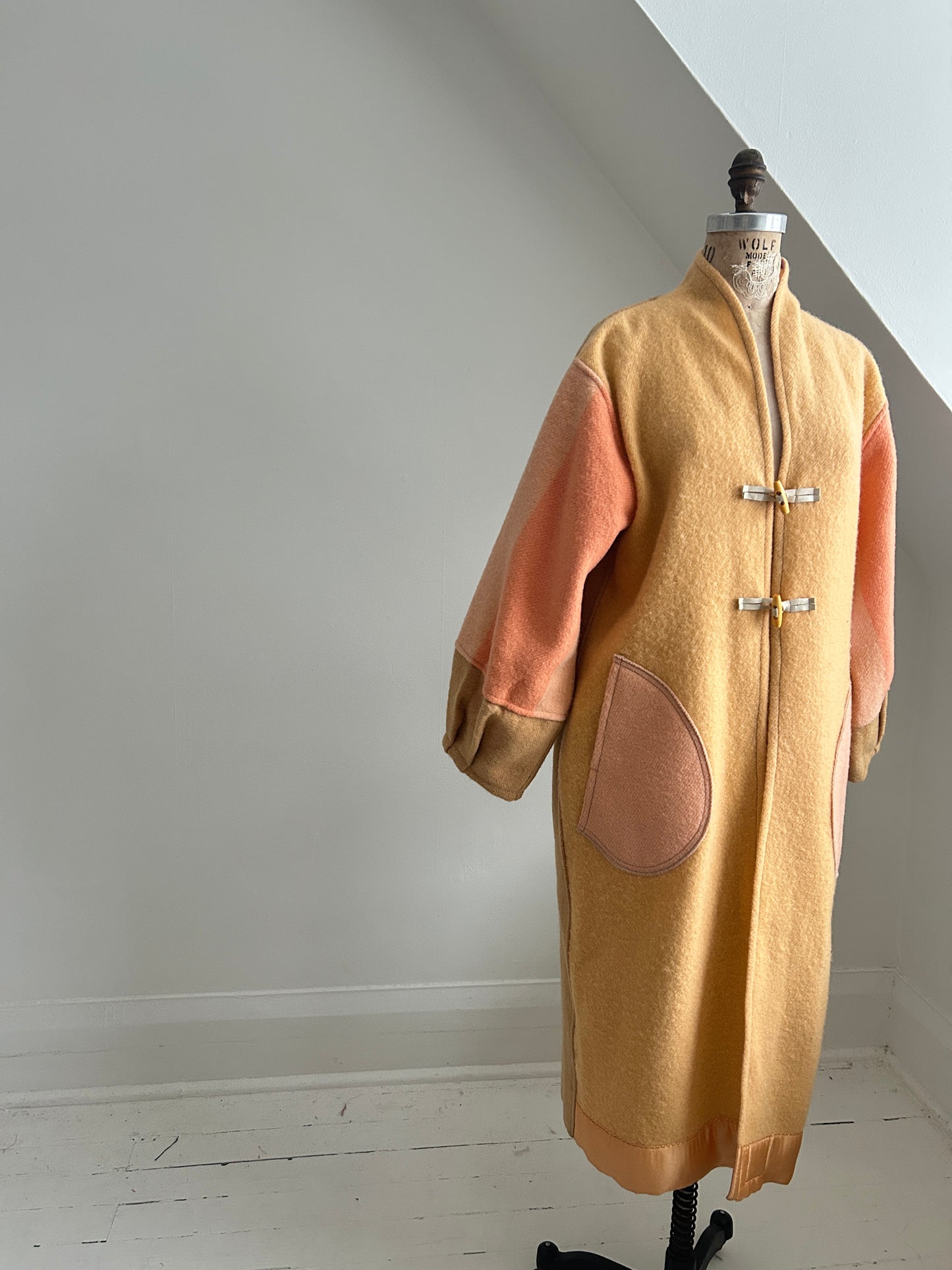 Vivianne Duster with Upcycled Vintage Wool Blanket & Leather & Wooden Toggles Size M/L #CVDWML13