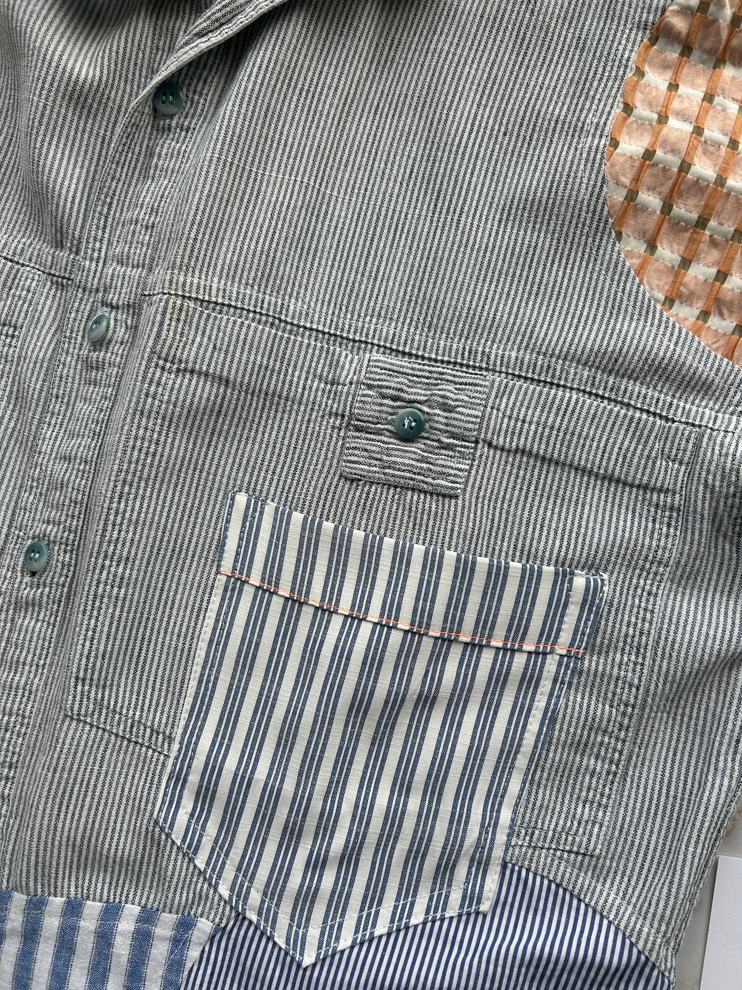 Upcycled Modern Workwear Cotton Shirt - Circle & Squares Series Size S/M #PIN14