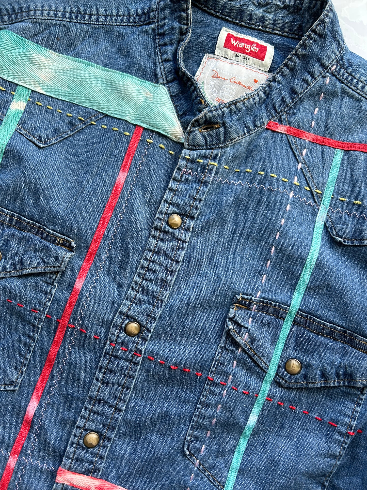 Ellis Reclaimed Patchwork Wrangler Denim Shirt with Handstitching & Hand Dyed Twill Ribbon XL/2X #ELL1