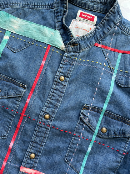 Ellis Reclaimed Patchwork Wrangler Denim Shirt with Handstitching & Hand Dyed Twill Ribbon XL/2X #ELL1