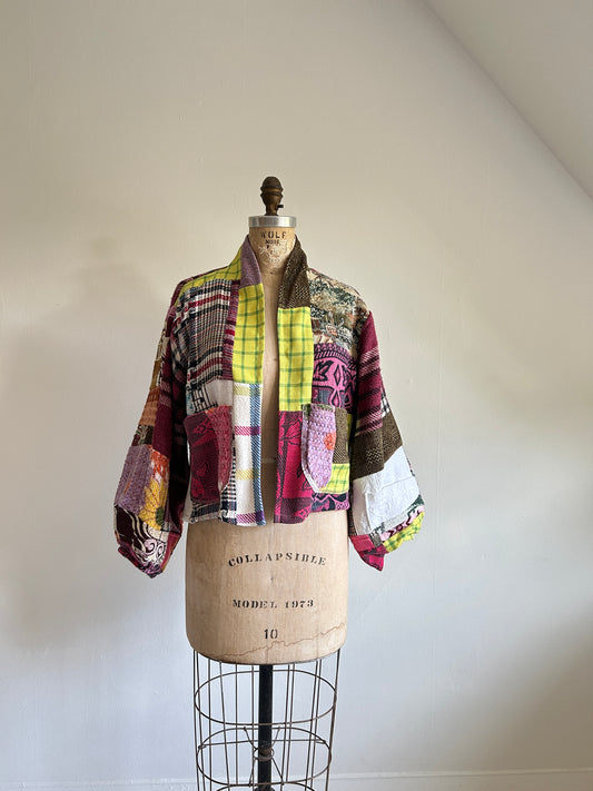 Vivianne Cropped Jacket with Upcycled Vintage Throw & Wool Blanket Patchwork Size S/M #CVCWSM8