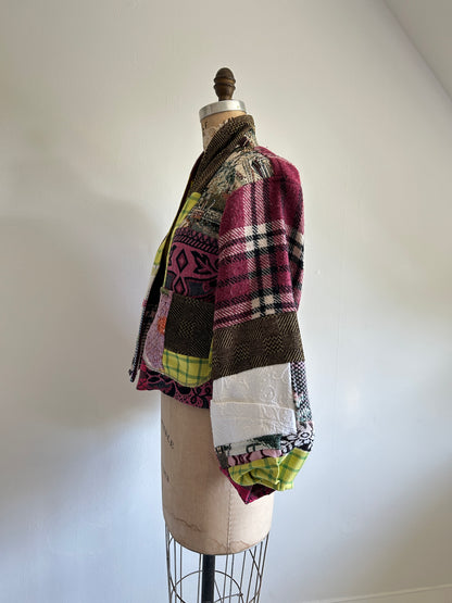Vivianne Cropped Jacket with Upcycled Vintage Throw & Wool Blanket Patchwork Size S/M #CVCWSM8