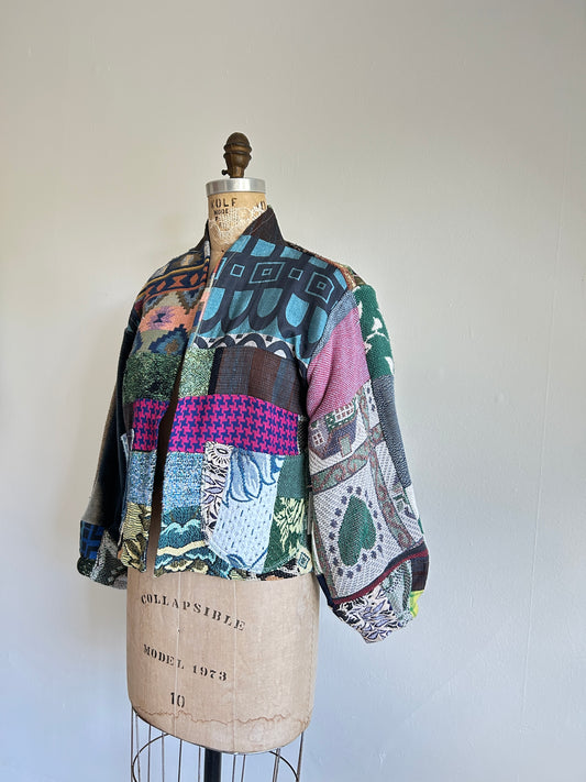 Vivianne Cropped Jacket with Upcycled Vintage Throw & Fleece Blanket Patchwork Size S/M #CVCTSM14