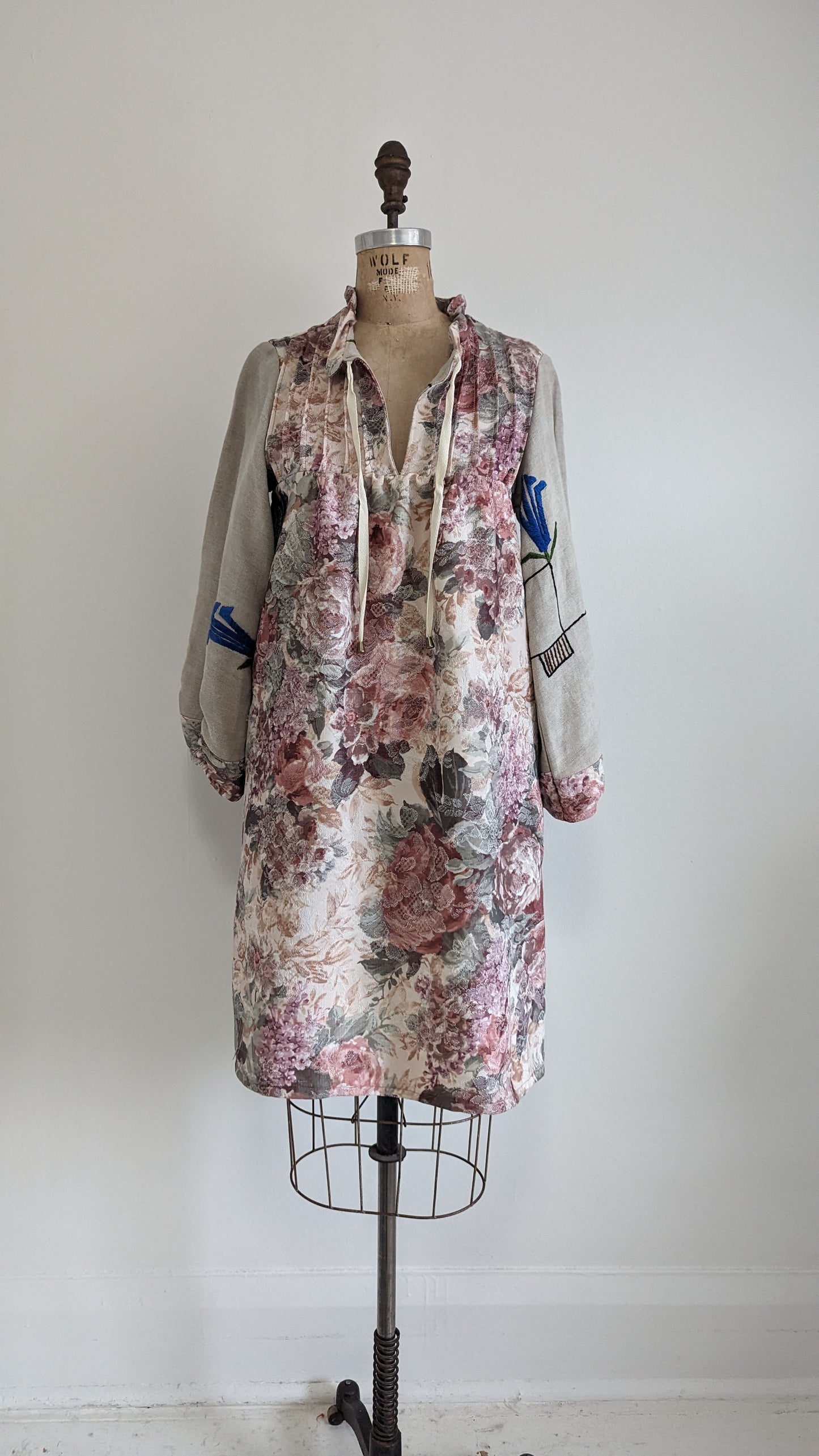 Meg Tunic Dress with Vintage Embroidered Linen & Upcycled Drapery S/M #MEGTU8