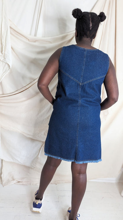 Upcycled Denim Jean Dress with Vintage Needlepoint Size M/L #DEN2