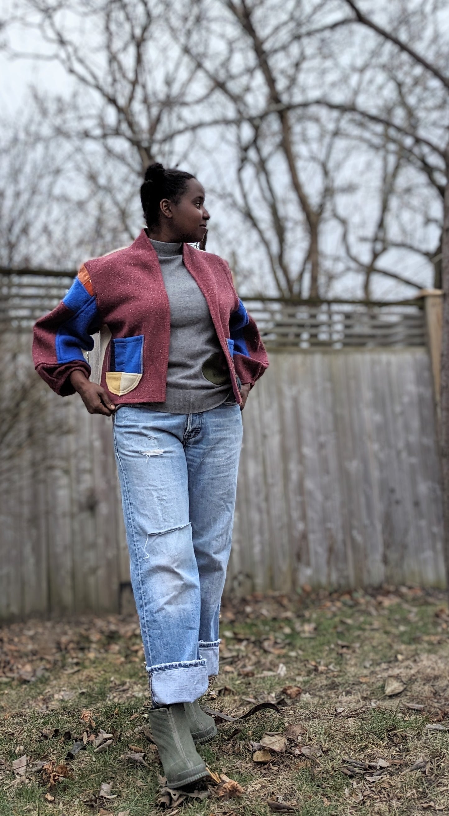Vivianne Cropped Jacket with Upcycled Vintage Wool Blanket Patchwork Size S/M #VIVW30