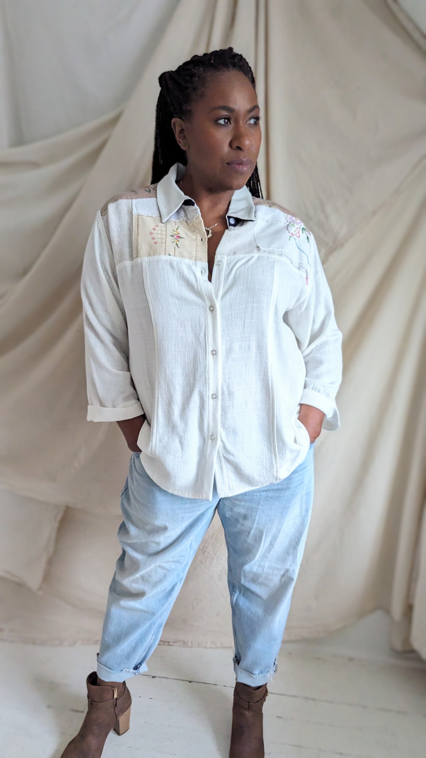 Lauren Button Down Shirt with Upcycled Vintage Yoke Size 2X #LAUWH1