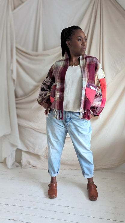 Vivianne Cropped Jacket with Upcycled Vintage Wool, Throw Blanket & Afghan Patchwork Size XL/2X #VIVW26