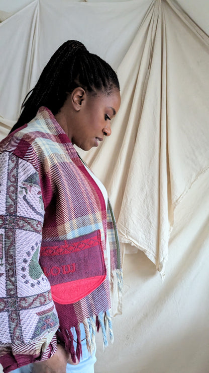 Vivianne Cropped Jacket with Upcycled Vintage Wool, Throw Blanket & Afghan Patchwork Size XL/2X #VIVW26