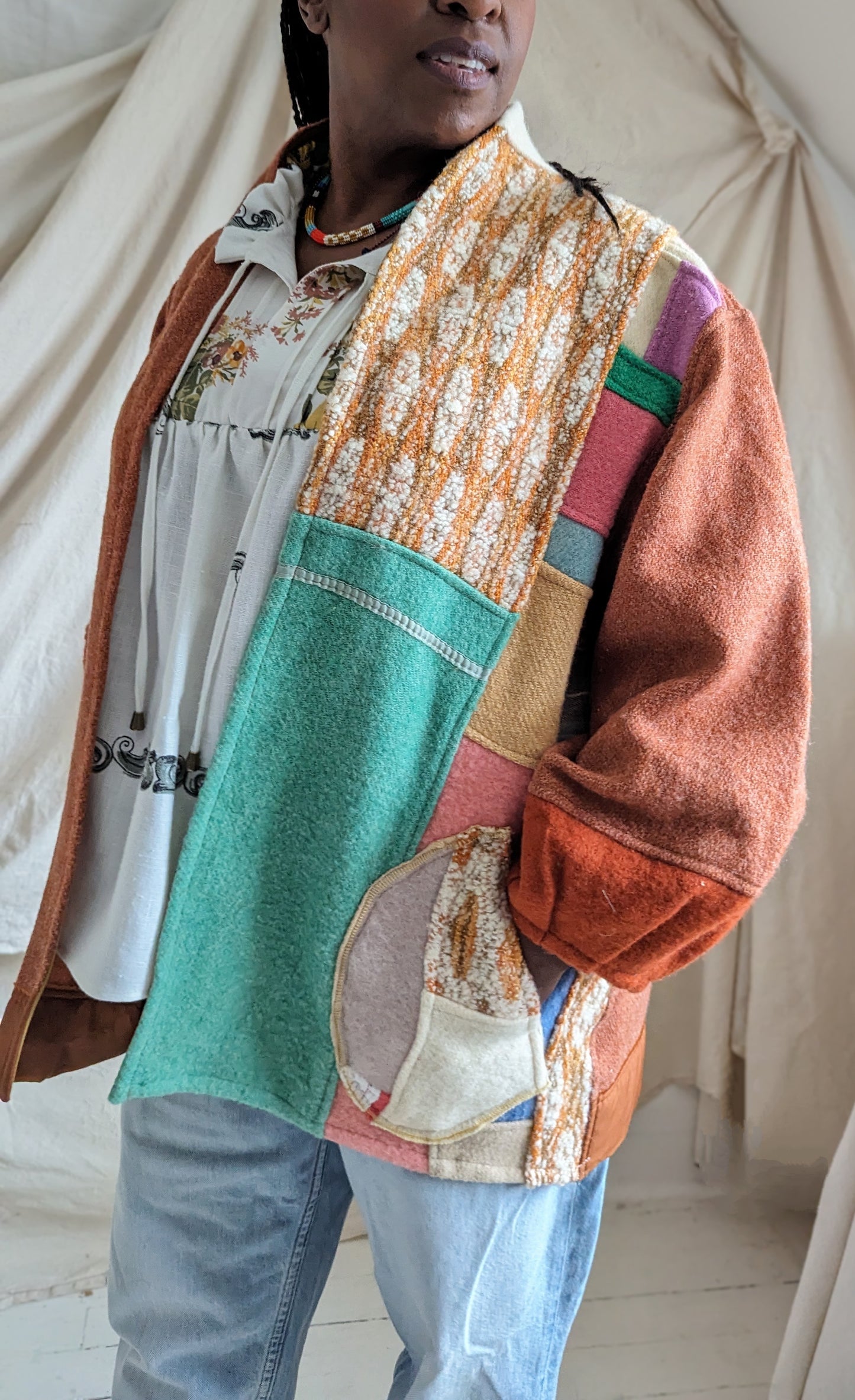 Vivianne Jacket with Upcycled Vintage Wool Blanket Patchwork Size XL/2X #VIVW19