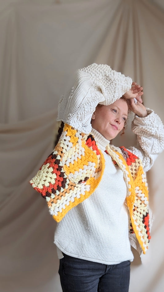 Vivianne Cropped Jacket with Upcycled Granny Square Afghan Size M/L #VIVA6