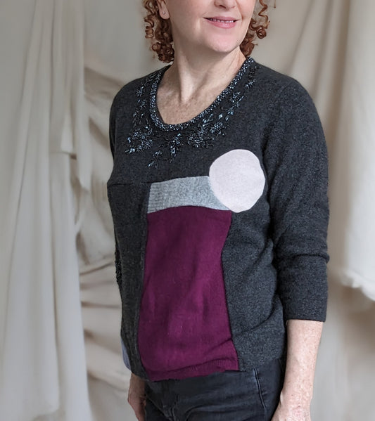 Abstract Art Patched Upcycled Beaded Cashmere Sweater M-XL #ART8