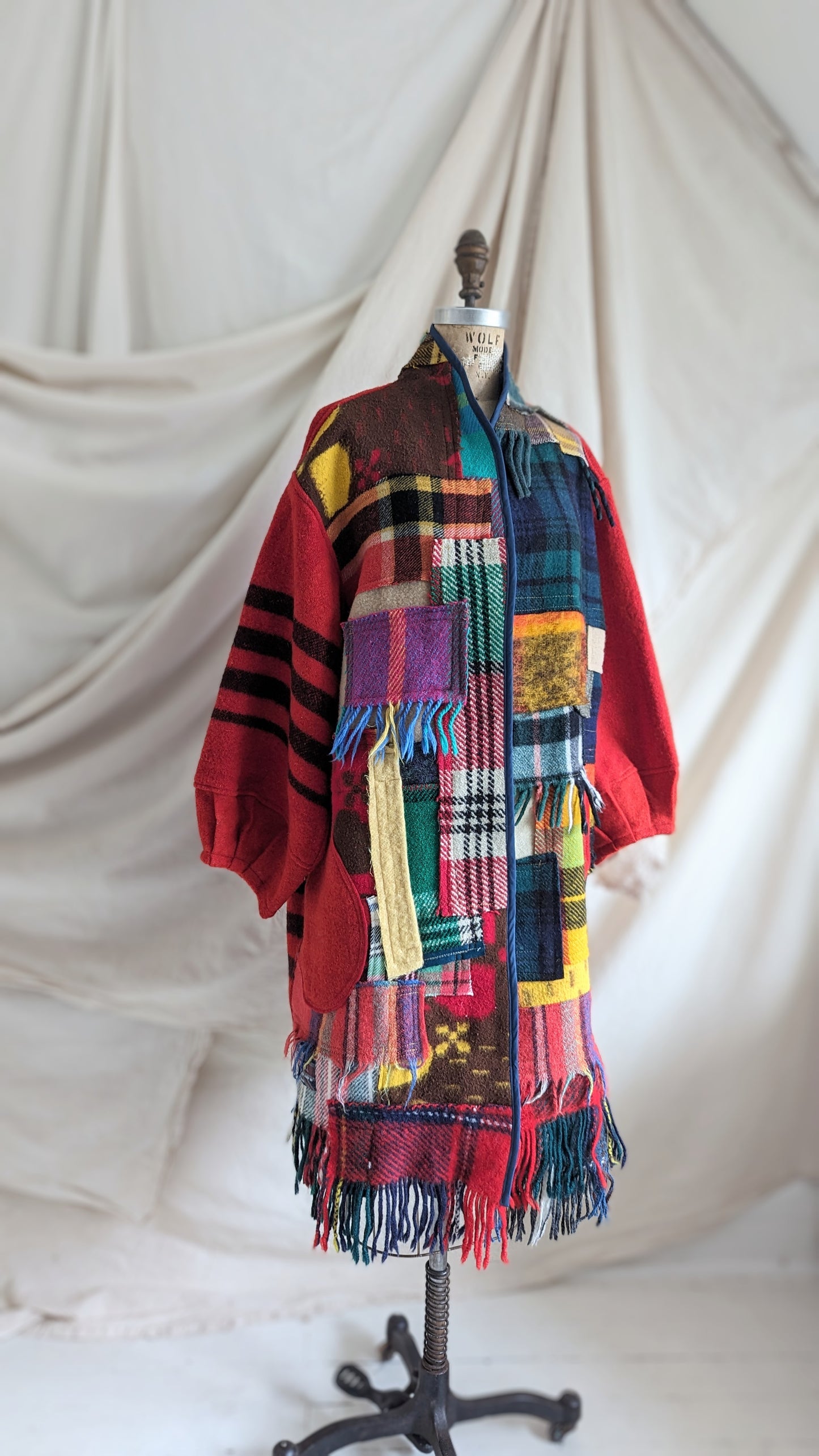 Vivianne Jacket with Upcycled Vintage Patchwork & Fringe Wool Size 2X/3X #VIVW15