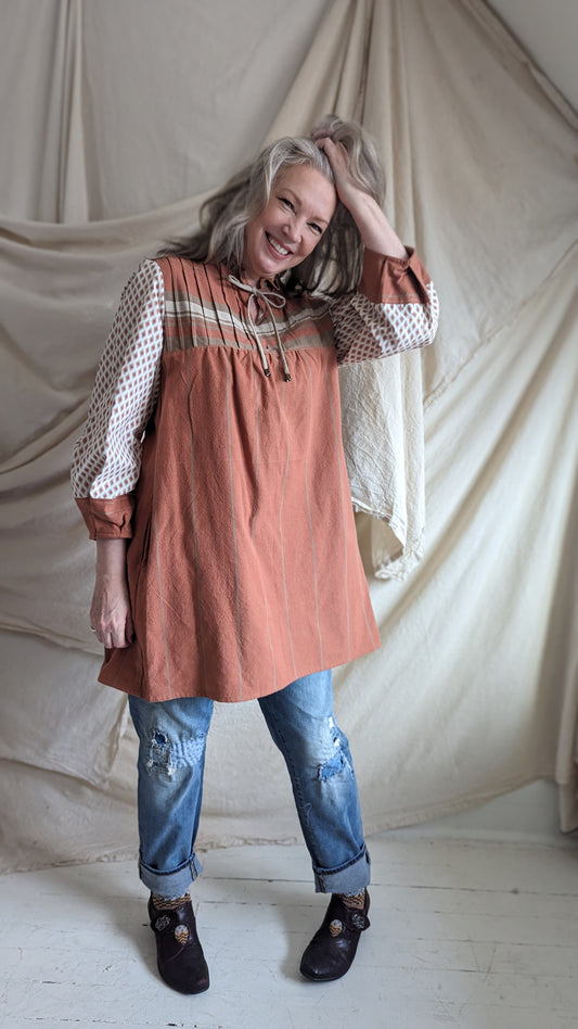 Meg Tunic Dress with Vintage Tablecloth & Upcycled Cotton M/L #MEGTU4