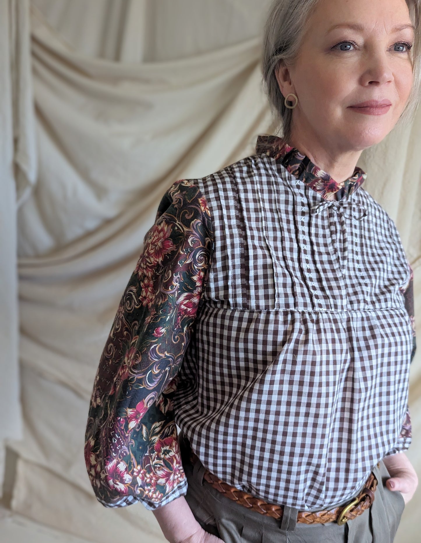 Meg Top with Upcycled & Vintage Embroidered Gingham Fabrics M/L #MEGTO17