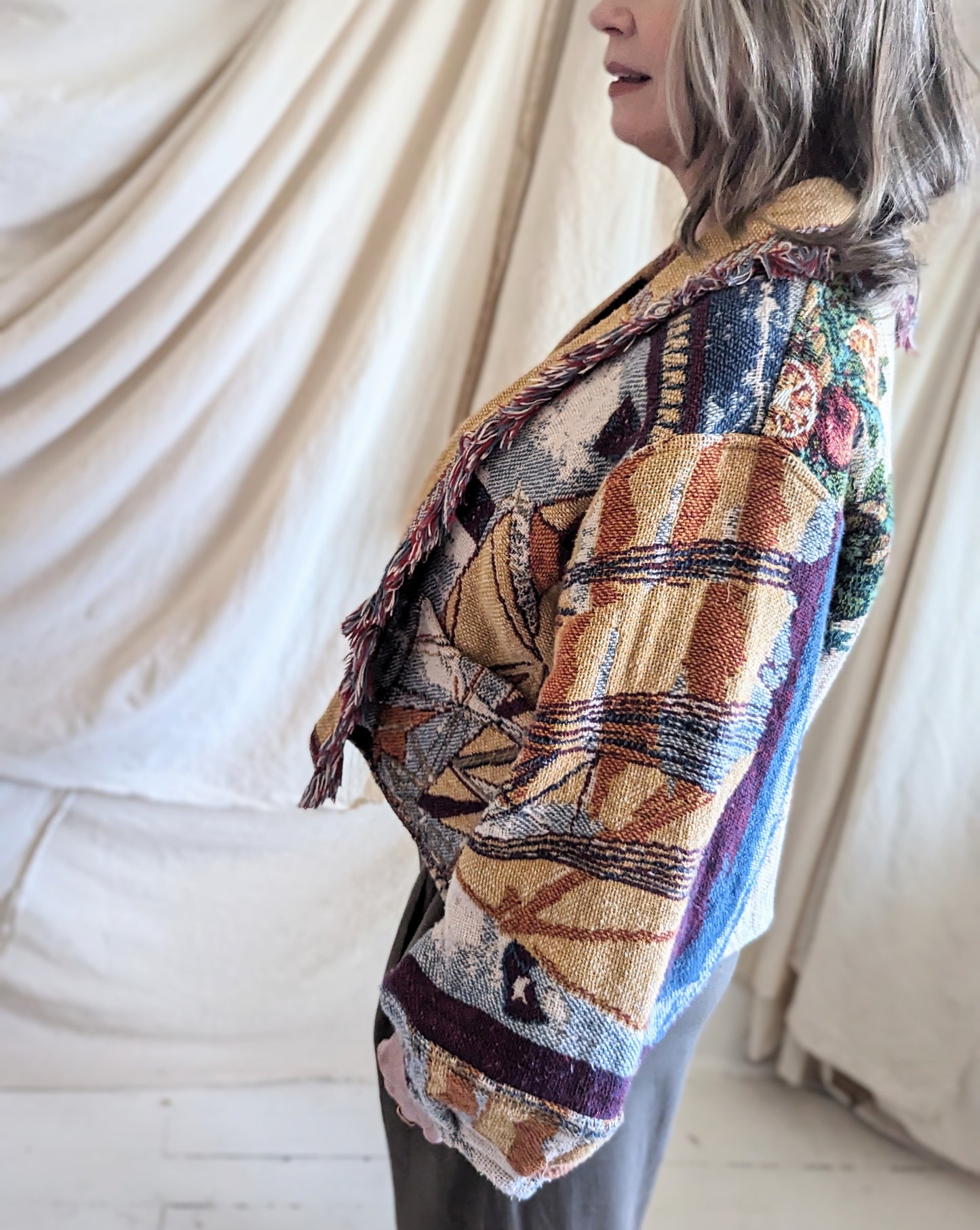 Vivianne Cropped Jacket with Upcycled 90s Cotton Throw Blankets Size M/L #VIVT16