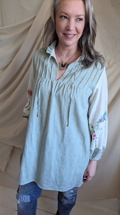 Meg Tunic with Upcycled Cotton & Vintage Embroidered Linen M/L #MEGTU17