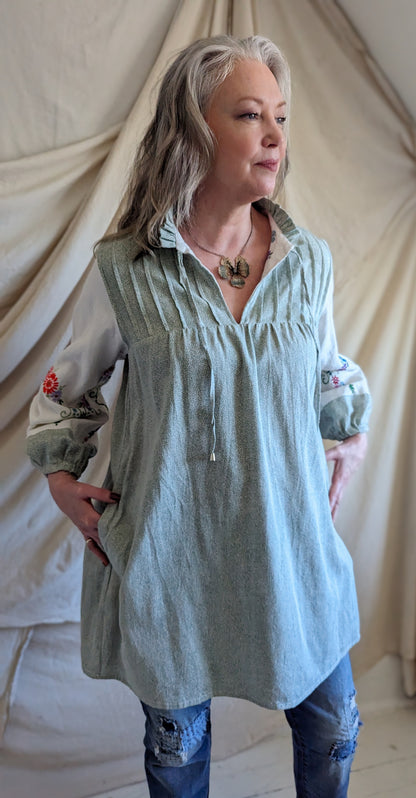 Meg Tunic with Upcycled Cotton & Vintage Embroidered Linen M/L #MEGTU17