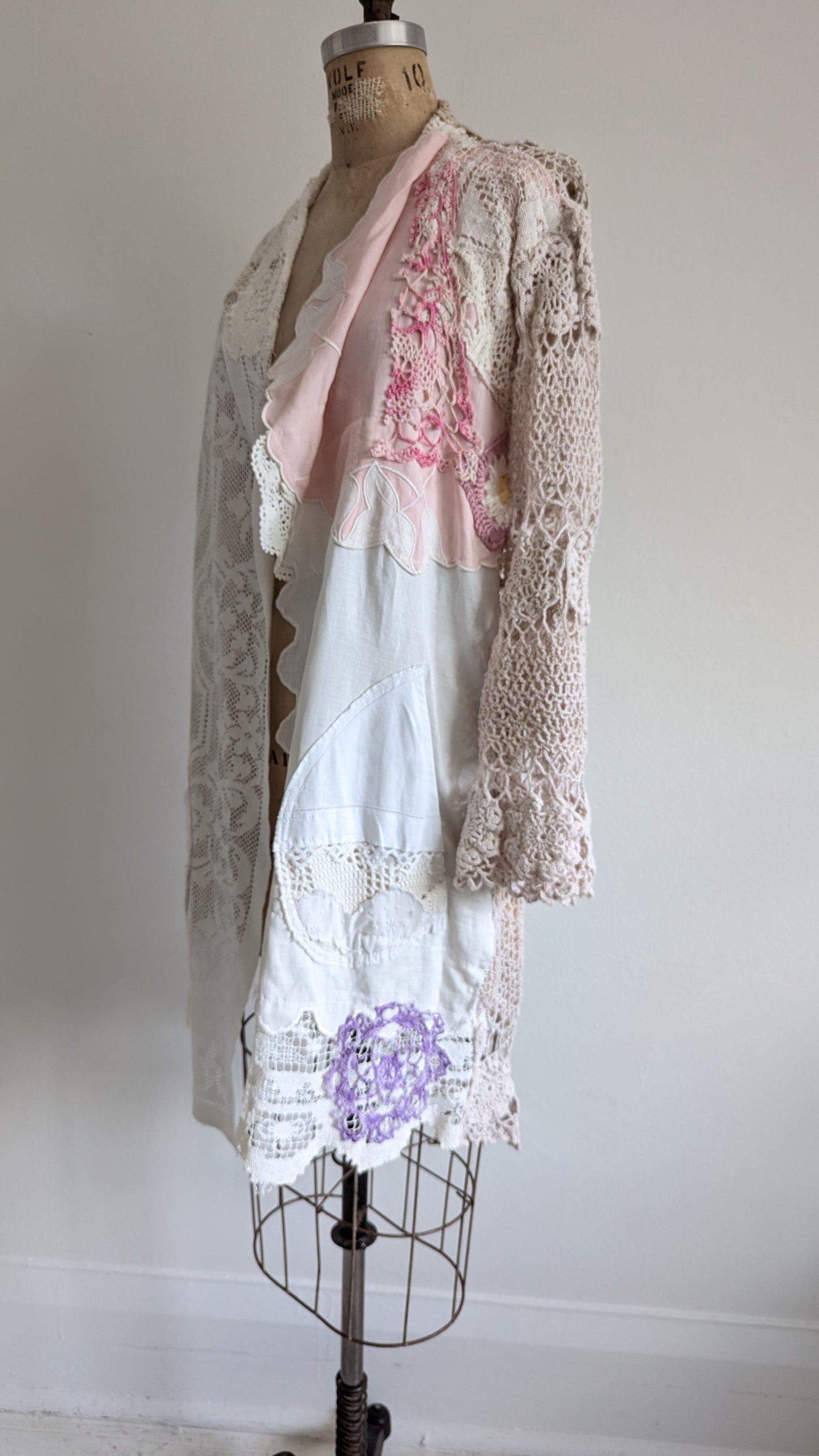 Vivianne Duster with Upcycled Cotton Crochet & Lace Patchwork  Size M/L #VIVCR8