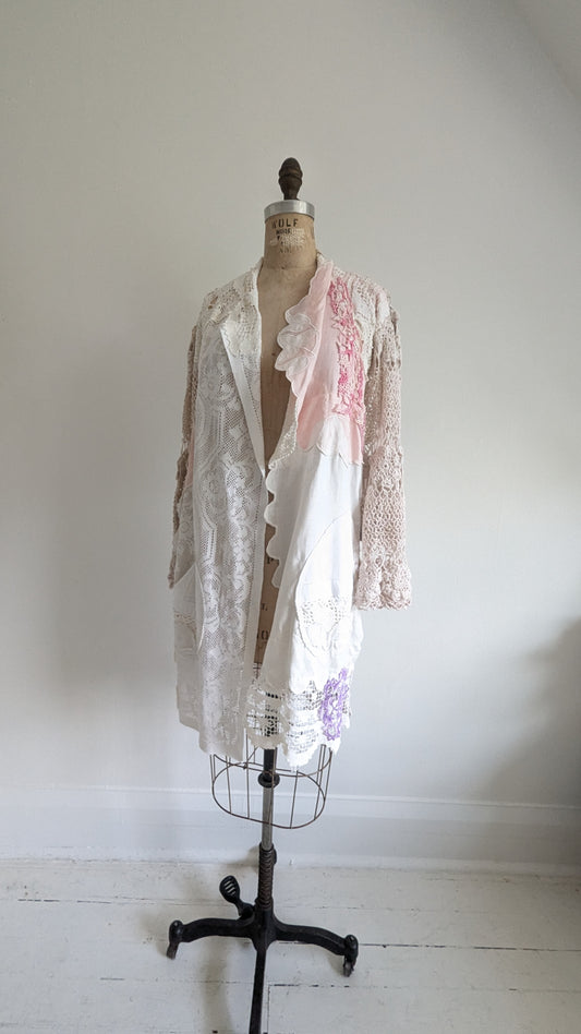 Vivianne Duster with Upcycled Cotton Crochet & Lace Patchwork  Size M/L #VIVCR8