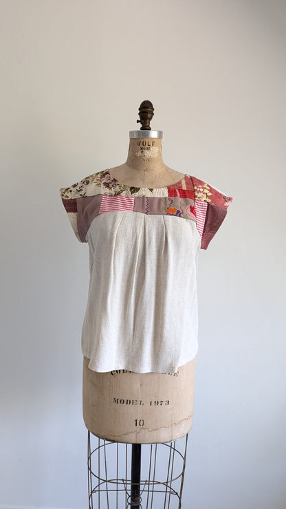 Peony Top - One of a Kind Upcycled Vintage Cotton, Barkcloth, Needlepoint & Linen Size S #PEO7