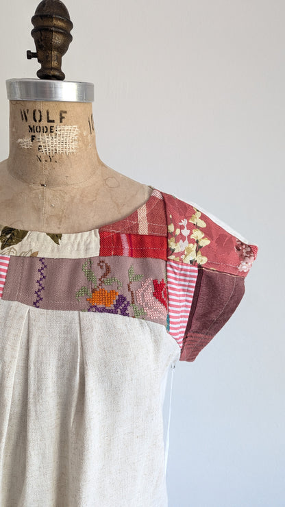 Peony Top - One of a Kind Upcycled Vintage Cotton, Barkcloth, Needlepoint & Linen Size S #PEO7