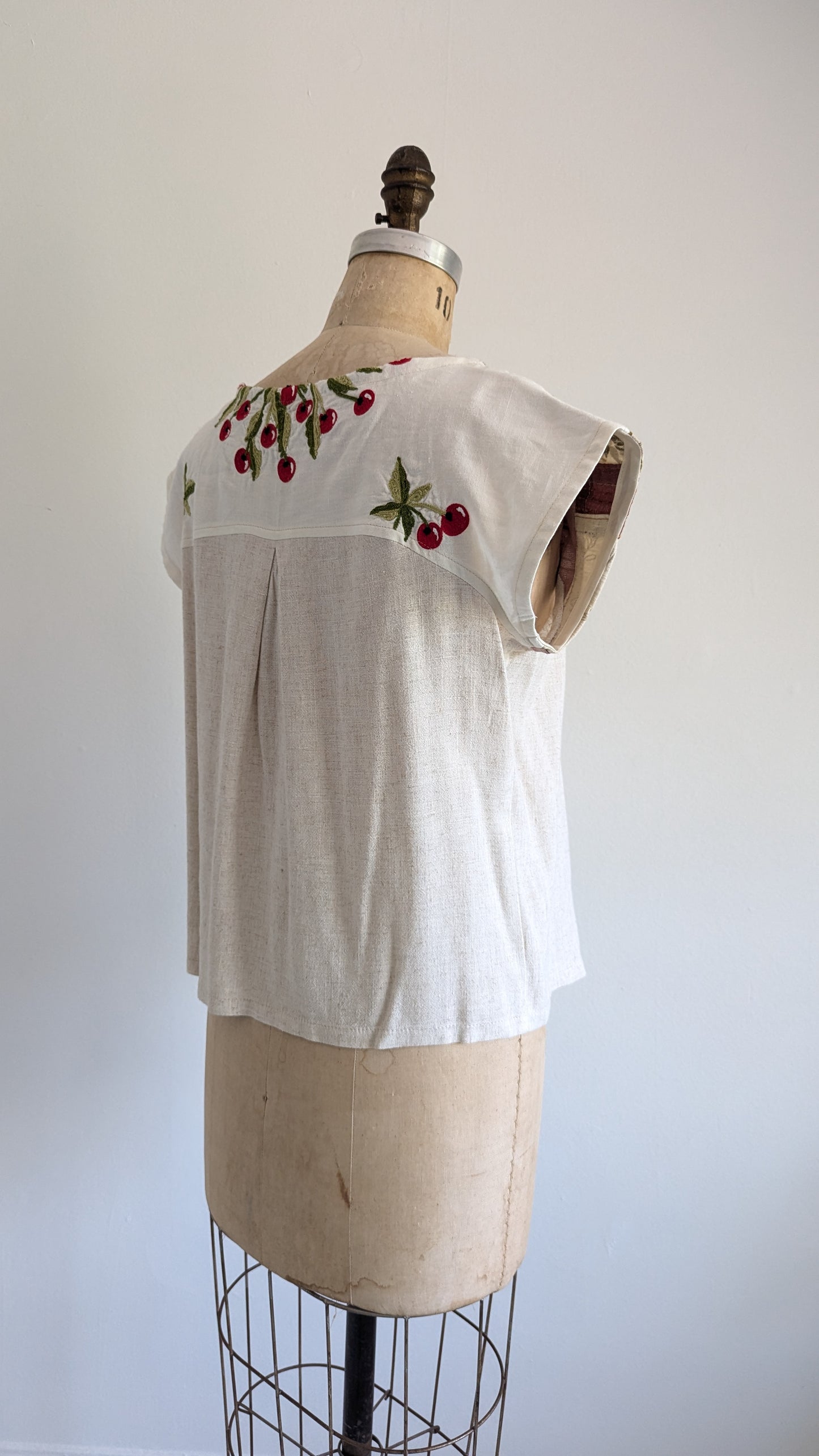 Peony Top - One of a Kind Upcycled Vintage Cotton, Barkcloth, Needlepoint & Linen Size S #PEO7