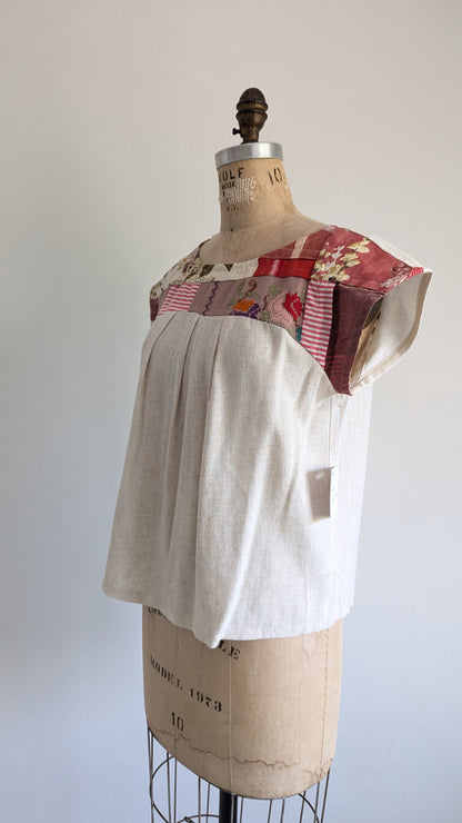 Peony Top - One of a Kind Upcycled Vintage Cotton, Barkcloth, Needlepoint & Linen Size S #PEO7