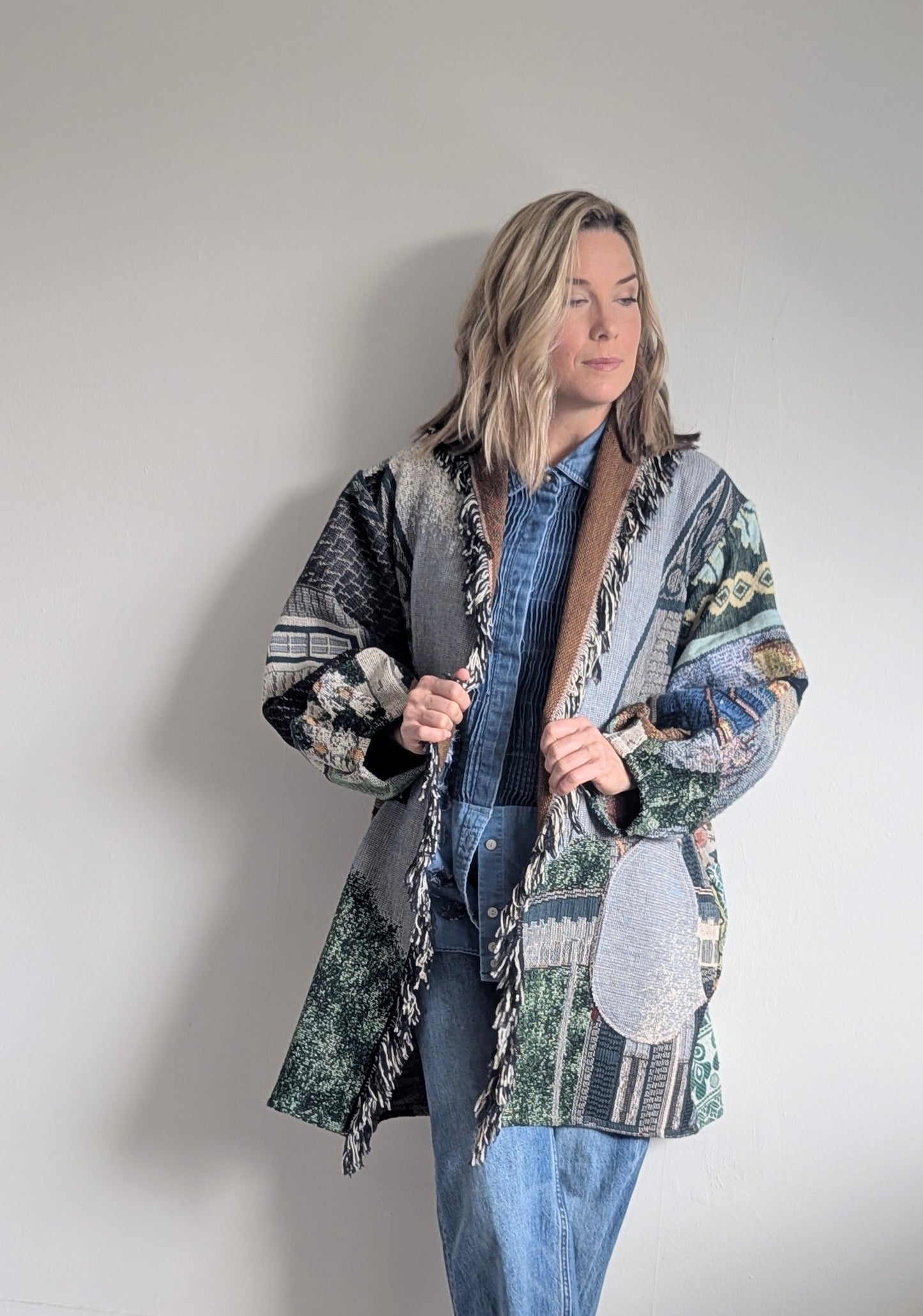 Vivianne Cropped Jacket with Upcycled Throw Blankets & Patchworked M/L #VIVT18