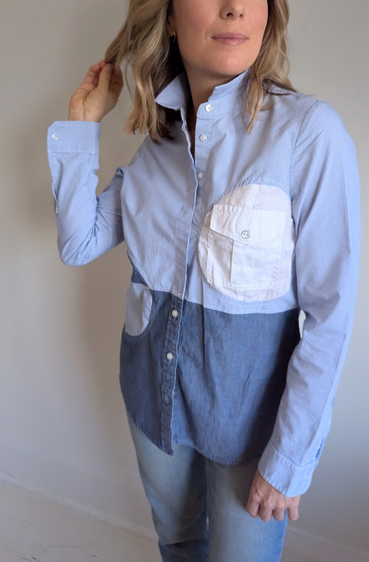 Upcycled Modern Workwear Cotton Pinstripe Shirt - Circle Series Size XS #PIN2