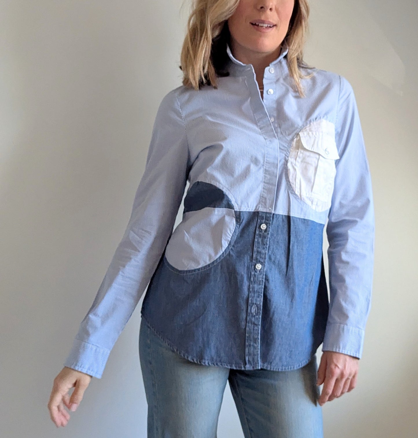 Upcycled Modern Workwear Cotton Pinstripe Shirt - Circle Series Size XS #PIN2