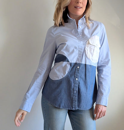 Upcycled Modern Workwear Cotton Pinstripe Shirt - Circle Series Size XS #PIN2