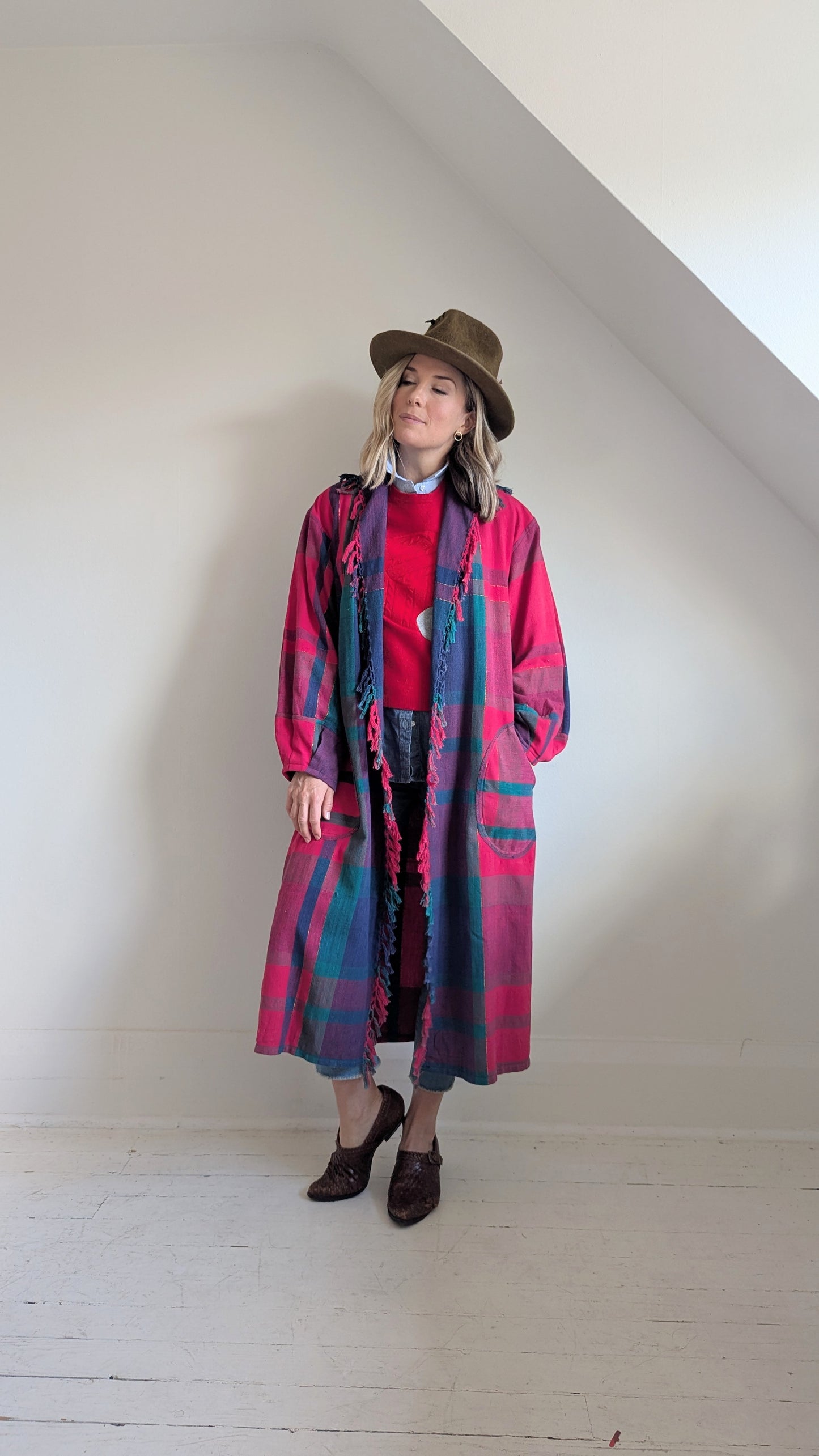 Vivianne Duster with Upcycled Red Cotton Plaid Size M/L #VIVC1