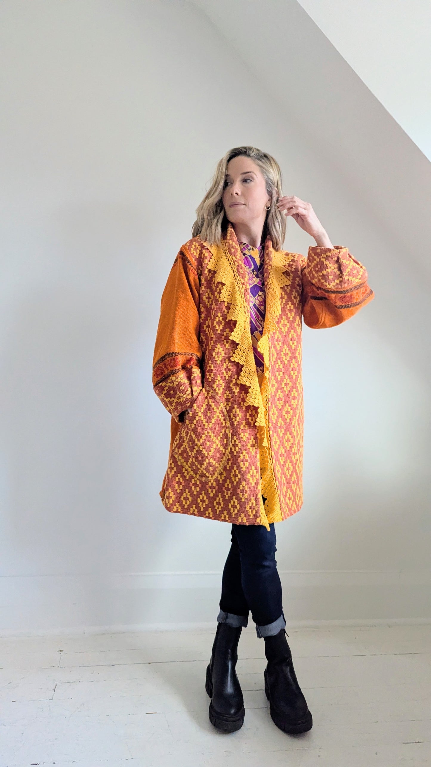 Vivianne Jacket with Upcycled Vintage Draperies & Crocheted Throw Blanket S/M #VIVT24