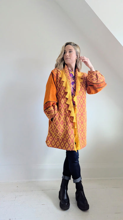 Vivianne Jacket with Upcycled Vintage Draperies & Crocheted Throw Blanket S/M #VIVT24