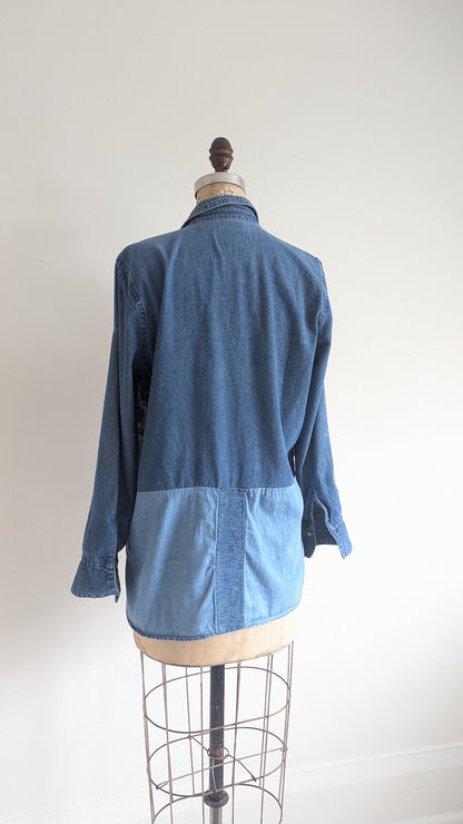 Upcycled Modern Workwear Tuxedo Denim Shirt - Square Series Size M/L #DEN12