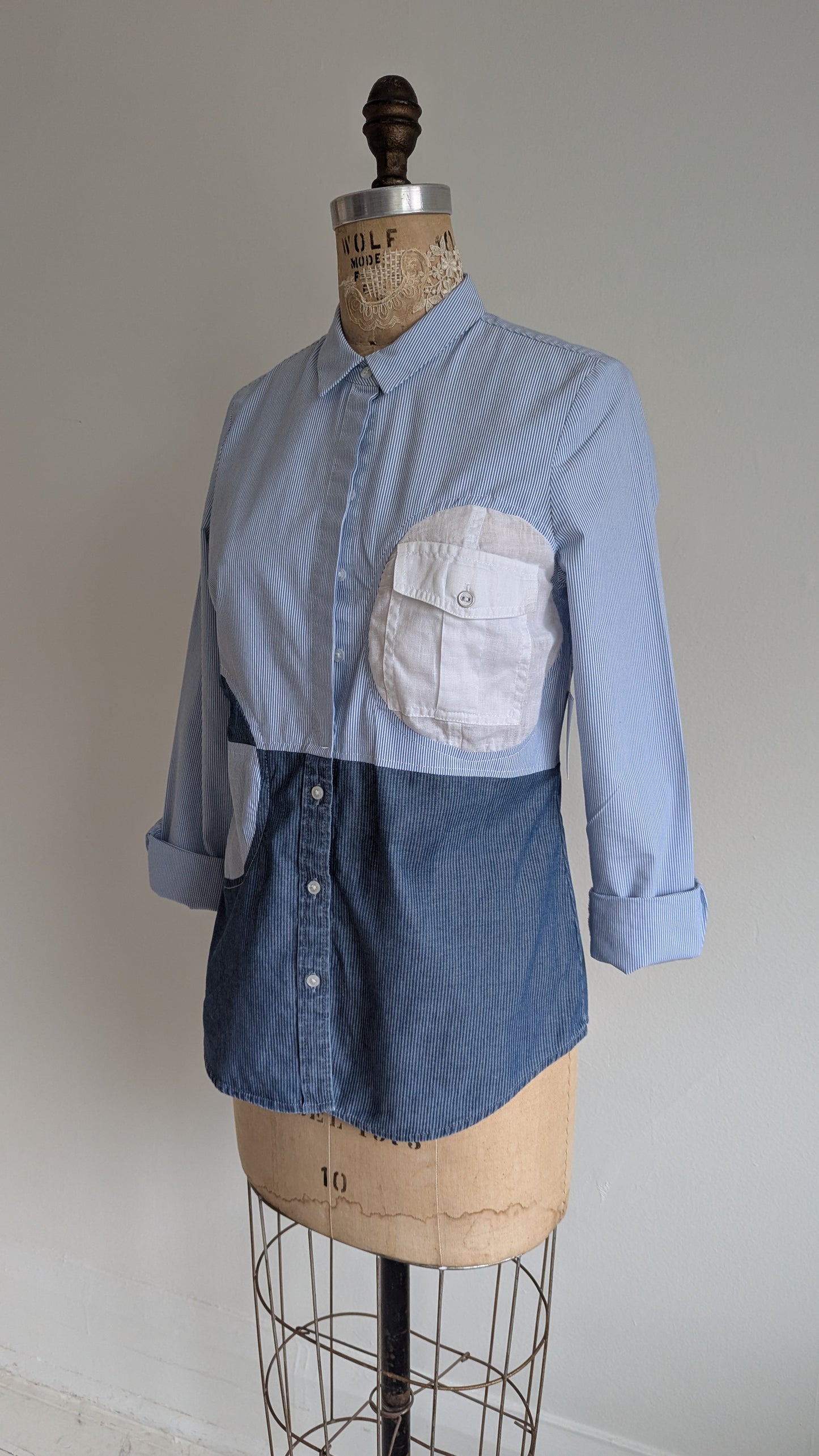 Upcycled Modern Workwear Cotton Pinstripe Shirt - Circle Series Size XS #PIN2