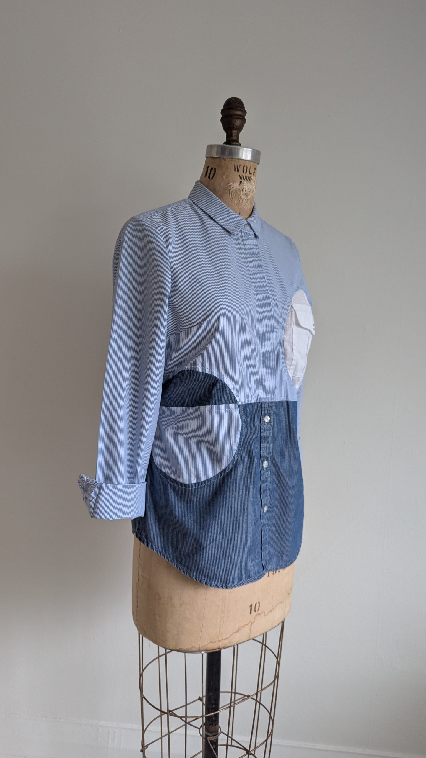 Upcycled Modern Workwear Cotton Pinstripe Shirt - Circle Series Size XS #PIN2