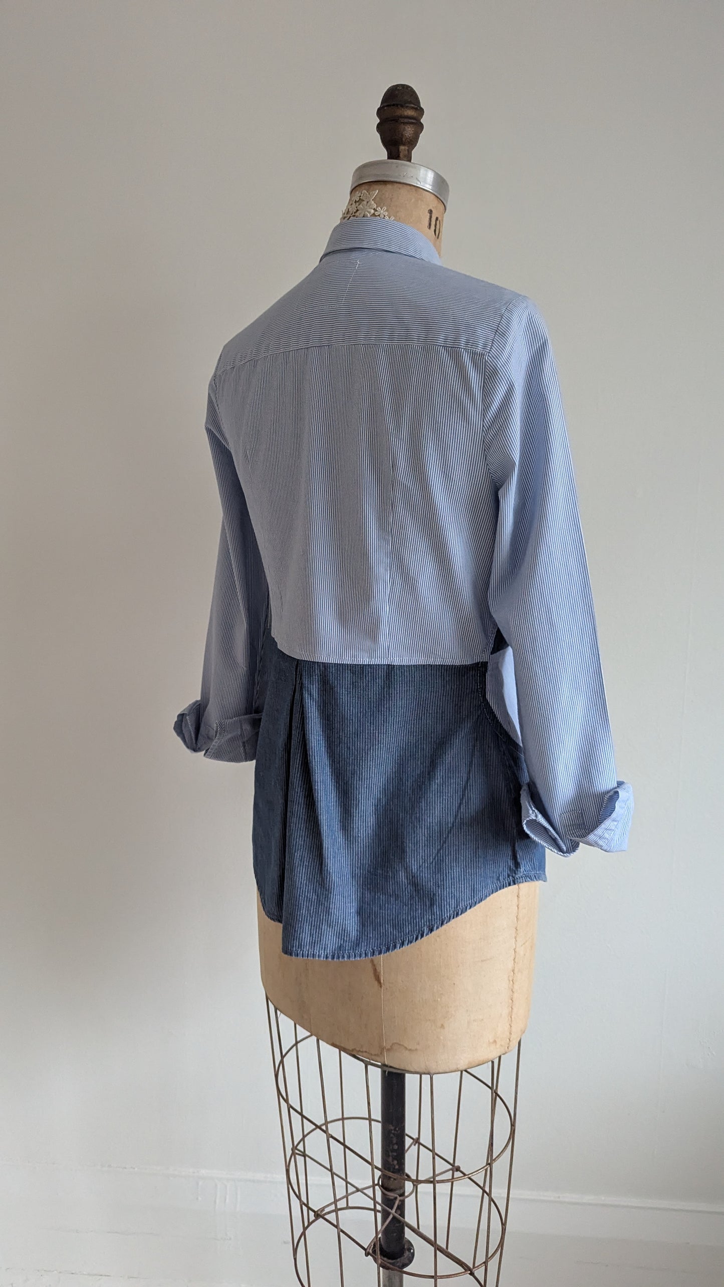 Upcycled Modern Workwear Cotton Pinstripe Shirt - Circle Series Size XS #PIN2