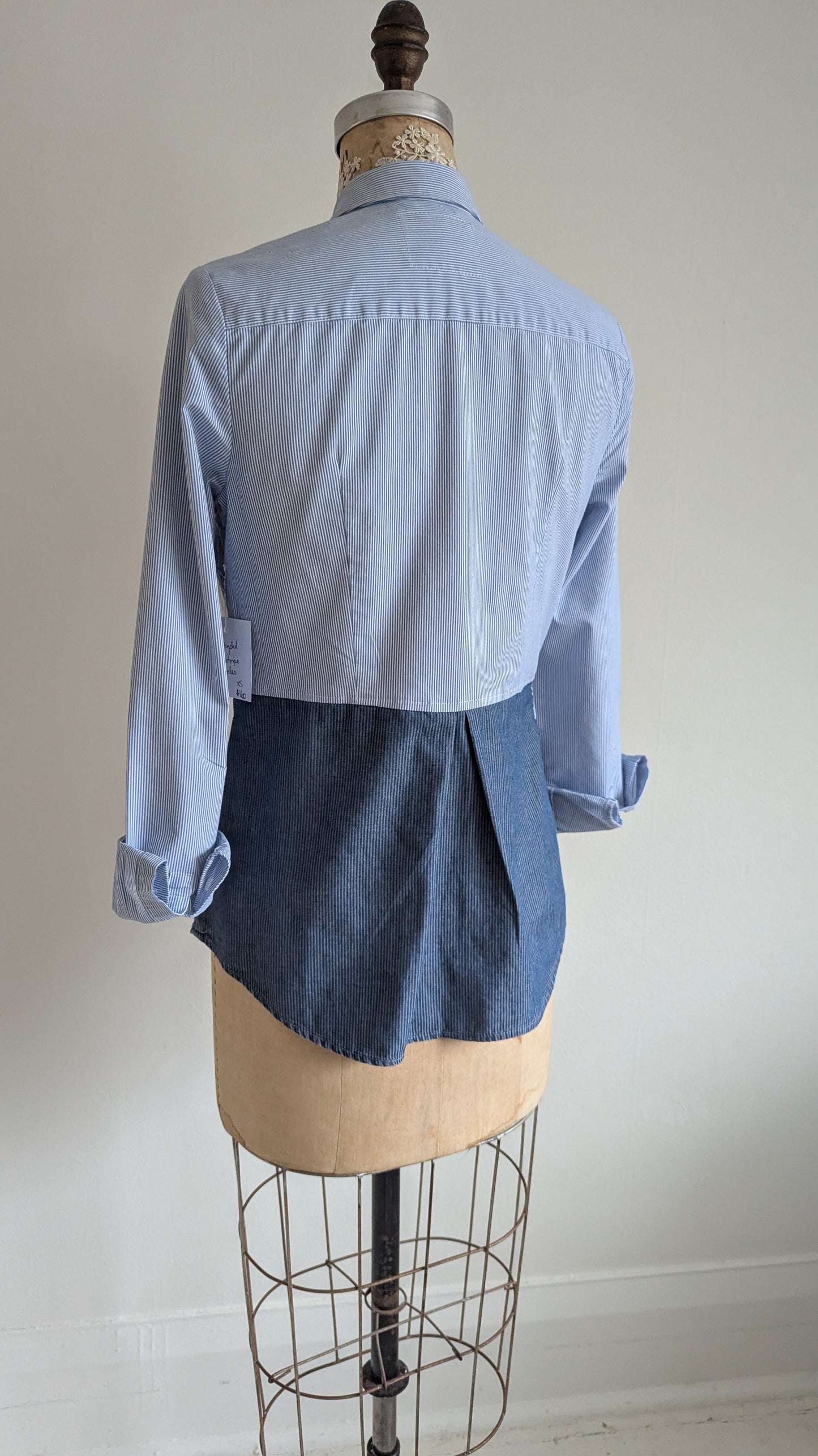 Upcycled Modern Workwear Cotton Pinstripe Shirt - Circle Series Size XS #PIN2