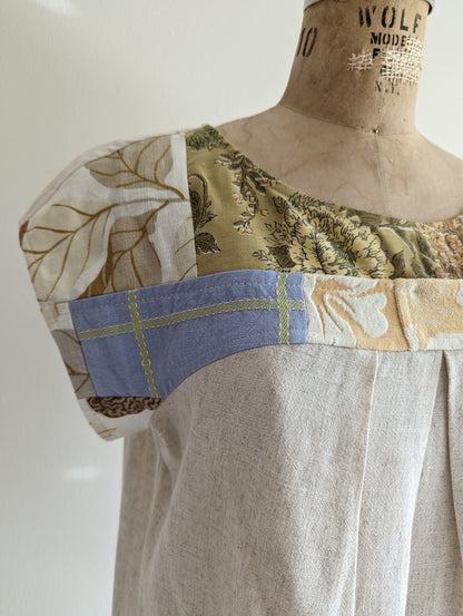 Peony Top - One of a Kind Upcycled Vintage Yoke & Linen Blend in Oat Size L #PEO16